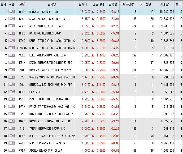  11월13일 미국주식 상승률 상위 종목 TOP 200