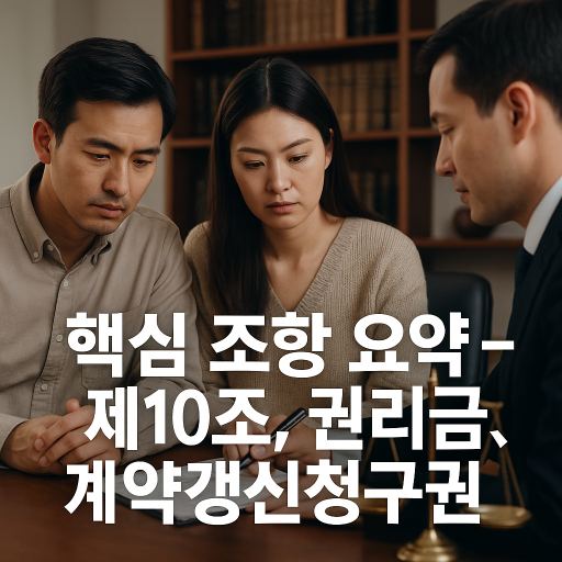 법률사무소 회의실에서 서로를 바라보며 상담 중인 한국인 법률가들과 내담자들. 차분하고 신뢰감 있는 분위기 속에서 핵심 조항에 대해 논의하는 장면을 연출한 실사형 이미지.