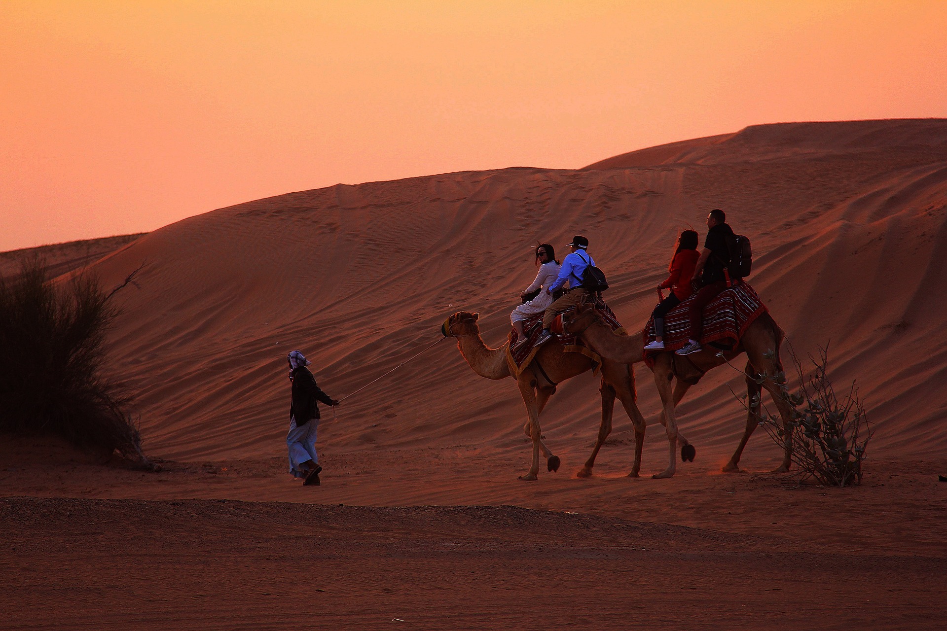 황혼의 시간에 낙타를 타고 있는 여행자와 낙타를 끌고 있는 아랍 사람