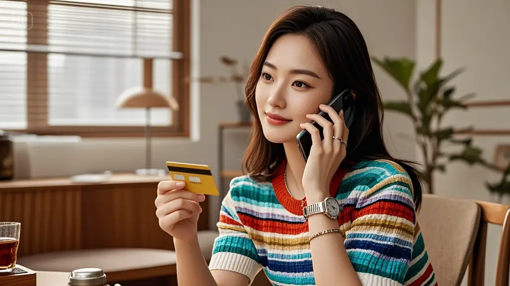 카드를 들고 통화하는 여성