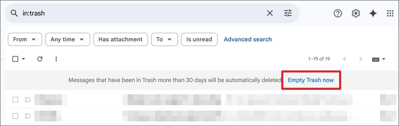 gmail 스팸 및 휴지통 폴더 비우기 메뉴