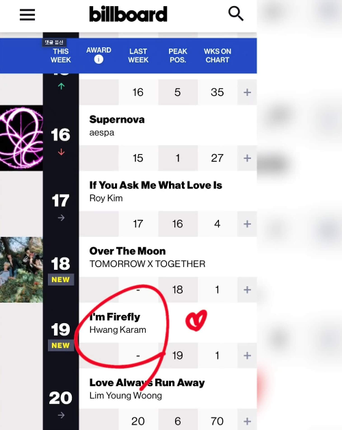 빌보드 19위 나는 반딧불 황가람 차트 I'm Firefly Hwang Karam