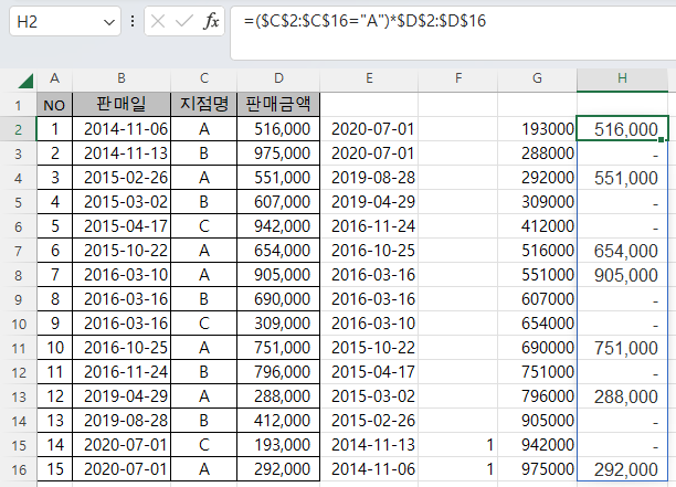 배열 수식 곱하기