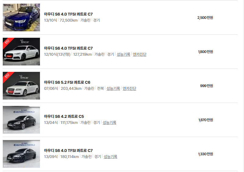 아우디 S6 중고차 가격 시세표 고속 시내 연비 - 아우디 S6 중고차 가격: 모델별 - S6 (94~18년) 1800~5500만원) 아우디 S6 중고차 가격 시세표 고속 시내 연비