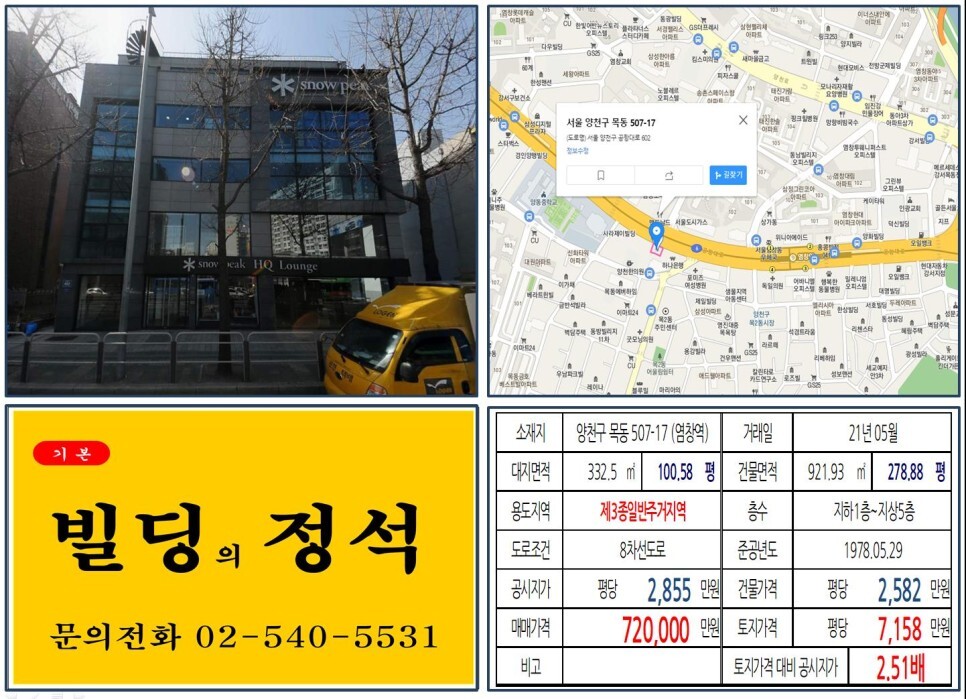  [양천구 70억 올근생 꼬마빌딩 실거래가 조회] 목동 507-17 (염창역) 70억 원, 평당 7,158만 원 매매되었습니다. 목동롯데캐슬위너아파트