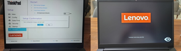 Setup confirmation 화면에서 YES를 누르면 컴퓨터 재부팅하는 사진입니다.