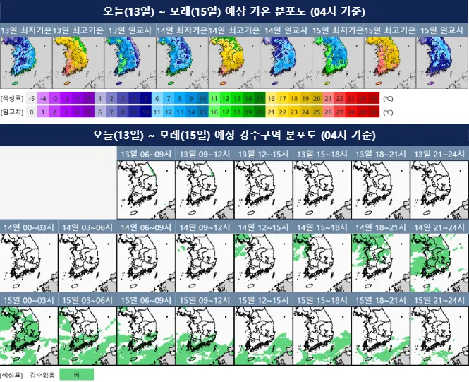 오늘~모레 예상 기온 및 강수구역 분포도