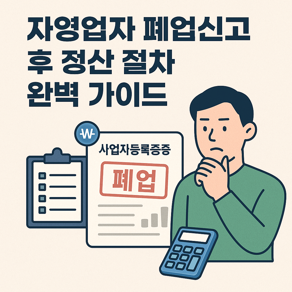 한국어 대체 텍스트: 자영업자가 사업자등록증 폐업신고 후 정산 절차를 고민하며 계산기를 들고 있는 모습, 옆에는 폐업 도장이 찍힌 사업자등록증과 체크리스트 아이콘이 함께 있는 일러스트.