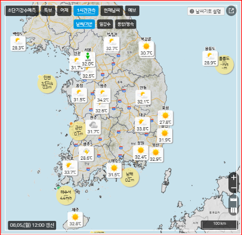 기상청 방재속보 2024년 8월 5일 10시기준 폭염경보 외출주의