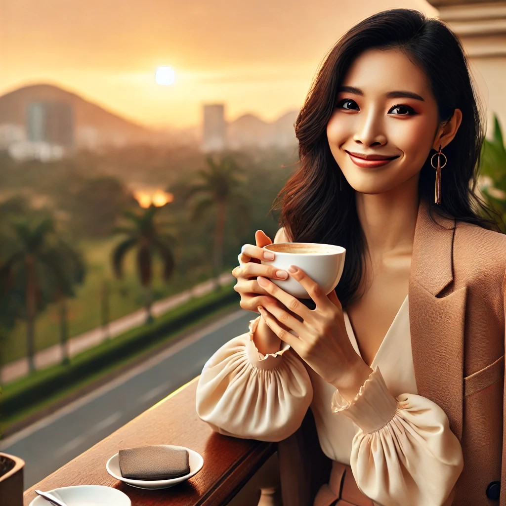 A woman drinking coffee by a window