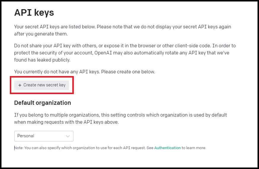 ChatGPT - API Keys - Create new secret key