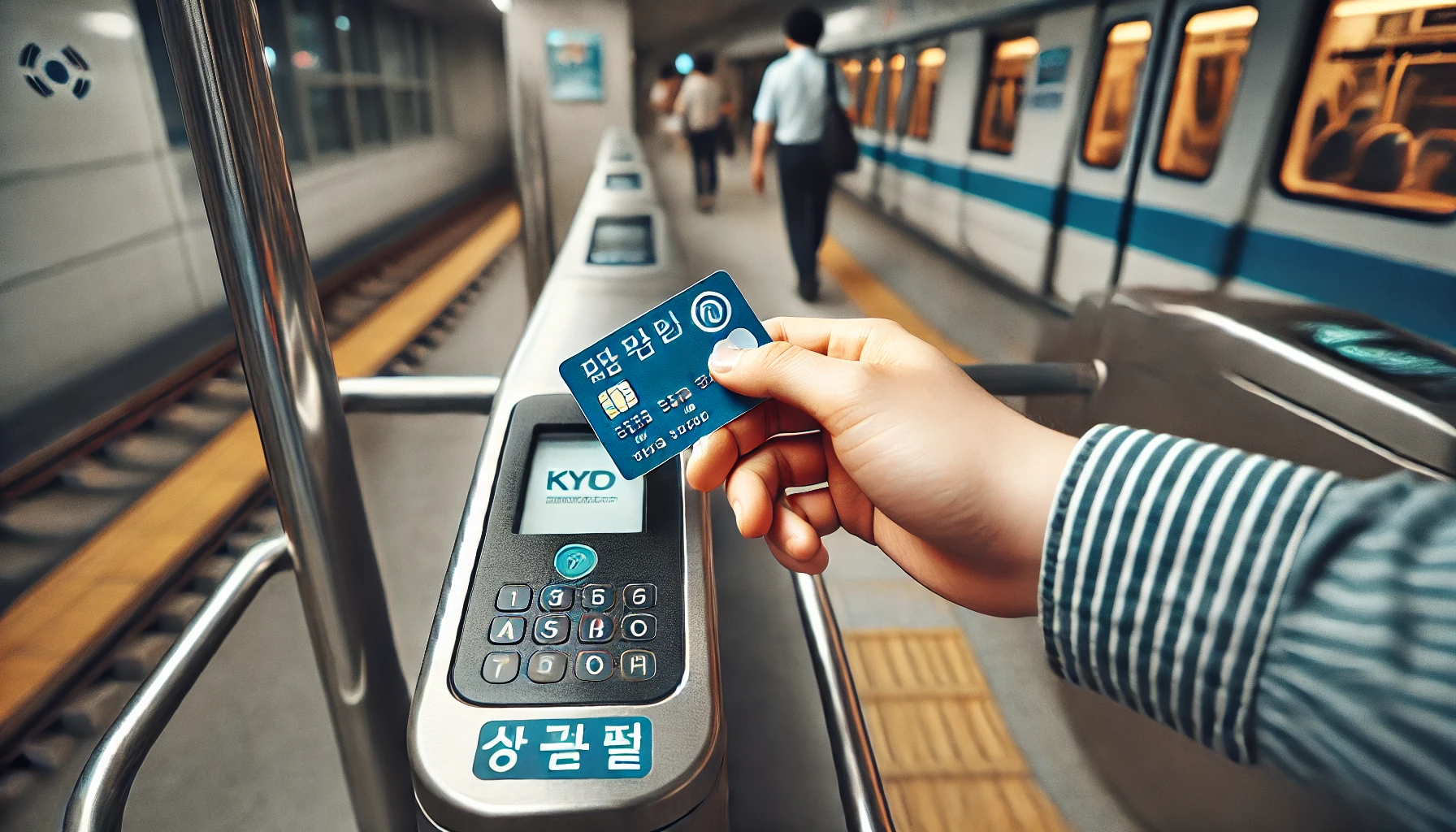 지하철 교통카드를 개찰기에 태그하는 장면 – 출입 인증