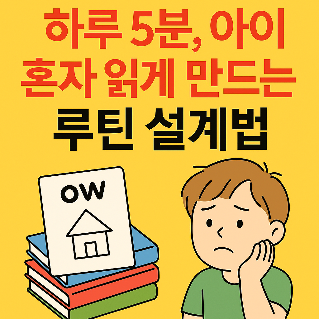 '하루 5분, 아이 혼자 읽게 만드는 루틴 설계법' 문구가 강조된 썸네일로, 책 더미와 'ow' 이중모음 카드, 고민하는 아이 일러스트가 포함된 교육용 이미지.