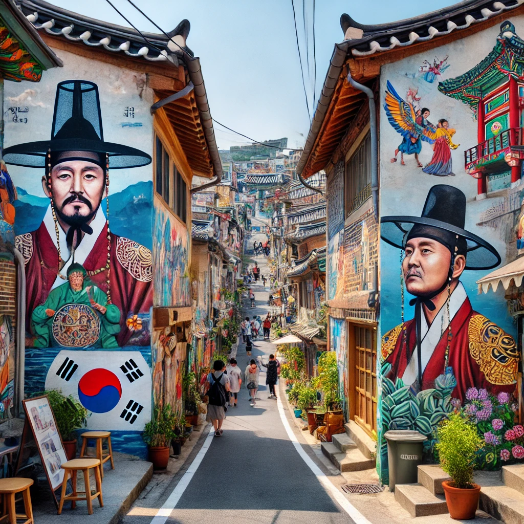 벽화마을 구경하는 관광객들