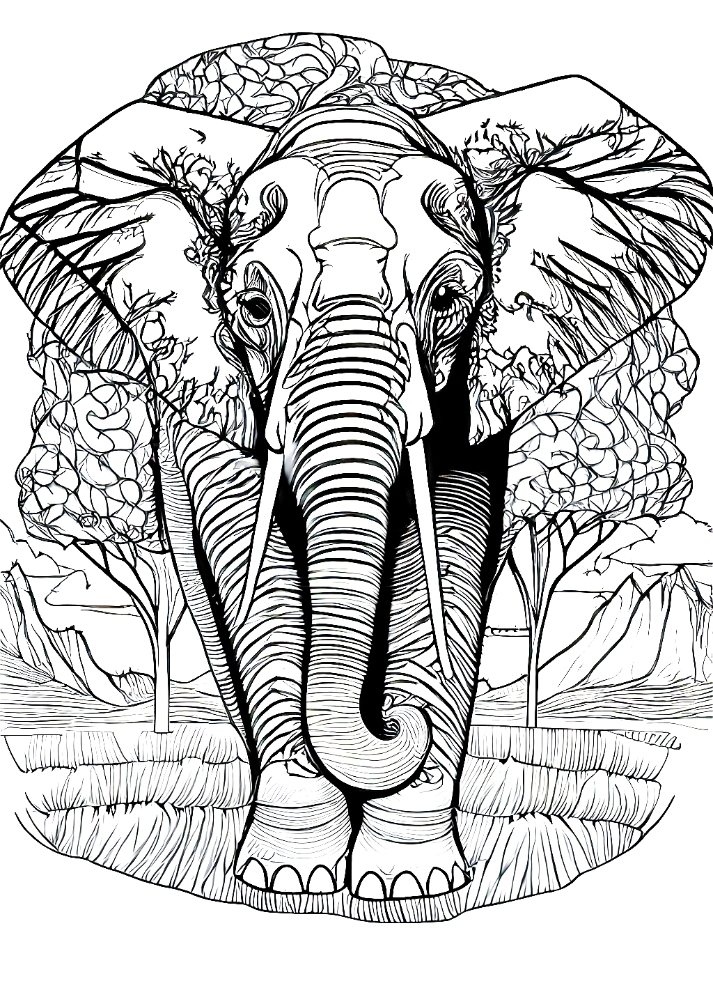 아주 멋지고 복잡한 코끼리 색칠 도안