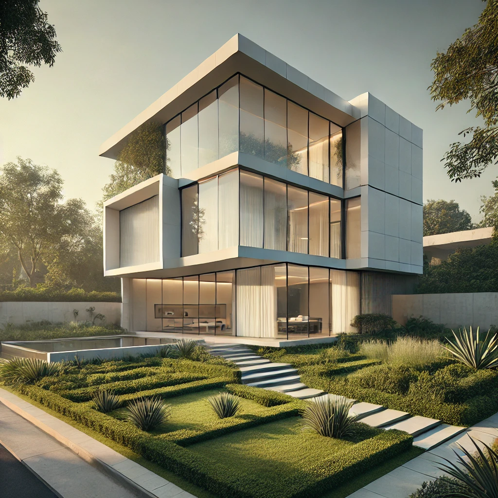 A modern architectural marvel amidst a serene early morning landscape