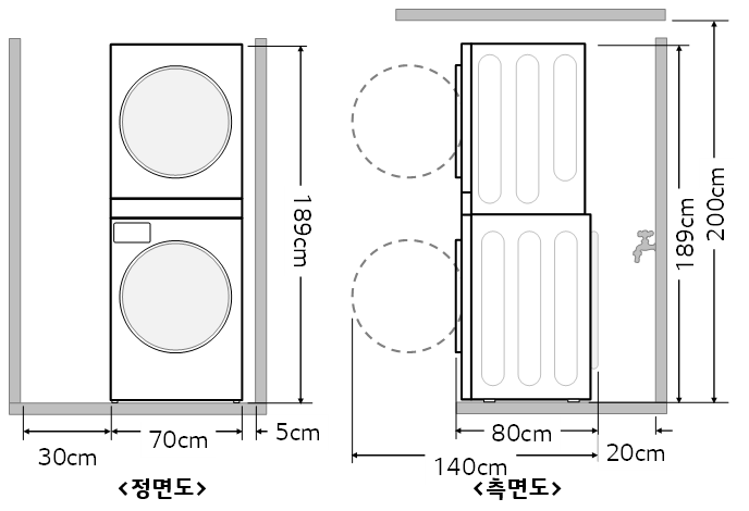 수도꼭가 뒷면에 있을시 필요한 공간 수치 사진