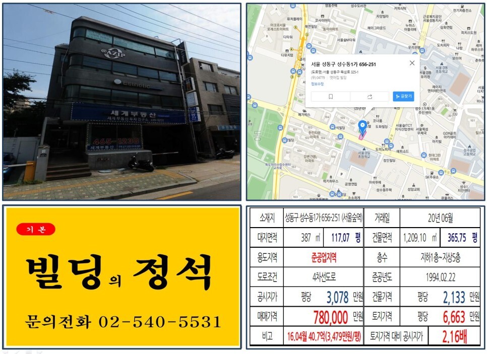  [성동구 성수전략정비구역 70억 꼬마빌딩 실거래가 조회] 성수동1가 656-251 (서울숲역) 78억 원, 평당 6,663만 원 매매되었습니다.