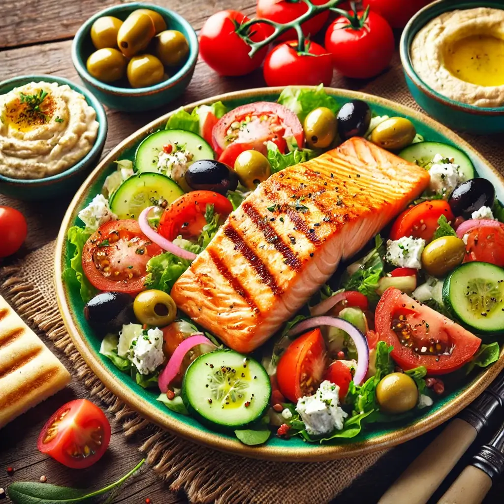 지중해식 식단으로, 구운 연어를 중심으로 신선한 토마토, 오이, 올리브, 페타치즈가 어우러진 컬러풀한 샐러드가 함께 담긴 이미지. 따뜻한 피타빵과 부드러운 후무스가 곁들여져 있으며, 나무 테이블 위에서 자연광이 비치는 건강하고 먹음직스러운 식사 장면
