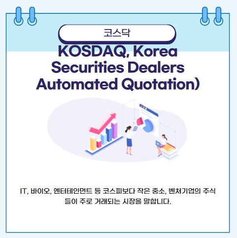 코스닥(KOSDAQ&#44; Korea Securities Dealers Automated Quotation)은 IT&#44; 바이오&#44; 엔터테인먼트 등 코스피보다 작은 중소&#44; 벤처기업의 주식들이 주로 거래되는 시장을 말합니다.