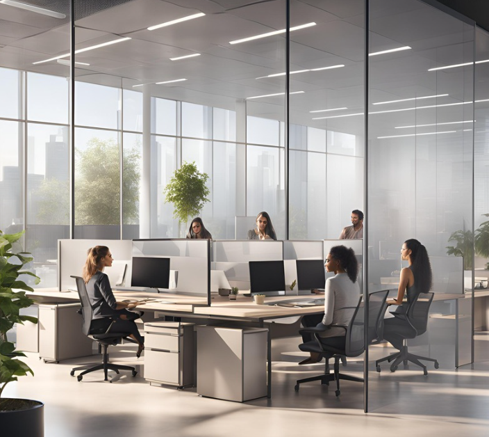 Modern office setting with translucent screens, humans and AI assistants collaborating, soft natural lighting, architectural visualization, corporate environment, photorealistic rendering, cinematic composition,