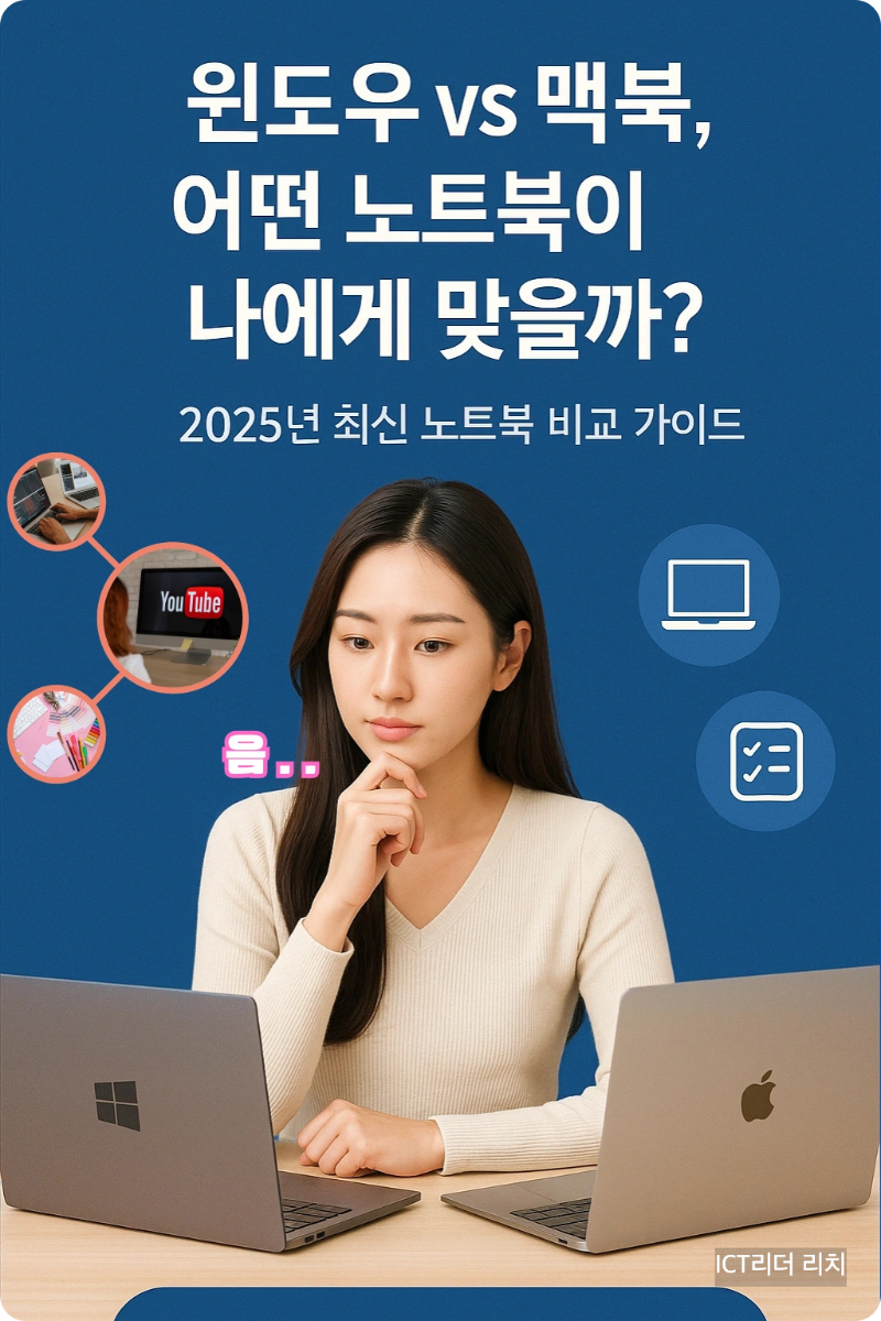 블루 배경에서 고민하는 여성과 함께 ‘윈도우 vs 맥북, 어떤 노트북이 나에게 맞을까?’ 텍스트 구성