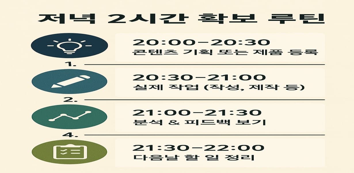 저녁 2시간 확보 루틴 – 콘텐츠 기획, 작업, 분석, 정리의 4단계를 시간 순서대로 정리한 인포그래픽