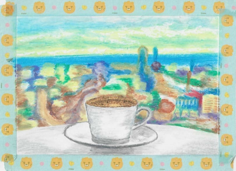커피 잔을 진회색으로 좀 더 섬세하게 덧칠하고 커피는 진밤색으로 점들로 표현한 그림