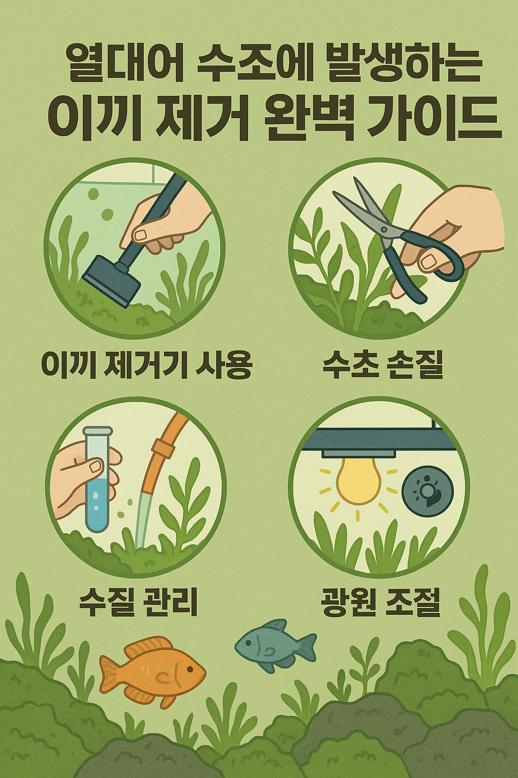물고기 수조 속 이끼 제거 방법을 설명하는 인포그래픽 이미지입니다. 연두색 배경에 네 개의 둥근 아이콘이 배치되어 있으며, 각각은 다음의 이끼 제거 방법을 시각적으로 표현하고 있습니다:

&quot;이끼 제거기 사용&quot; – 손이 수조 벽면에 붙은 이끼를 스크래퍼로 긁어내는 모습

&quot;수초 손질&quot; – 가위로 수초를 다듬는 장면

&quot;수질 관리&quot; – 한 손에 시험관, 다른 손에는 물 교체용 호스를 들고 있는 장면

&quot;광원 조절&quot; – 조명을 조절하는 다이얼과 함께 수조 위쪽에 전구가 비추는 모습
하단에는 이끼가 낀 수조 바닥과 두 마리의 열대어가 헤엄치는 장면이 그려져 있습니다.