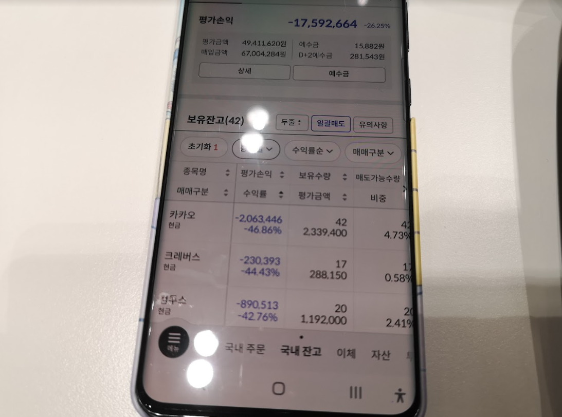 한국투자증권 국내 주식 잔고가 표시된 휴대폰을 촬영한 사진