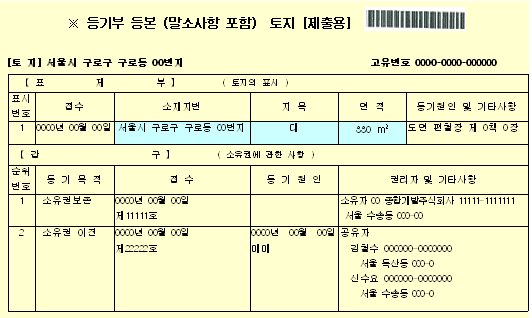 [신청서 작성 시 참조 자료: 등기사항증명서 예시]