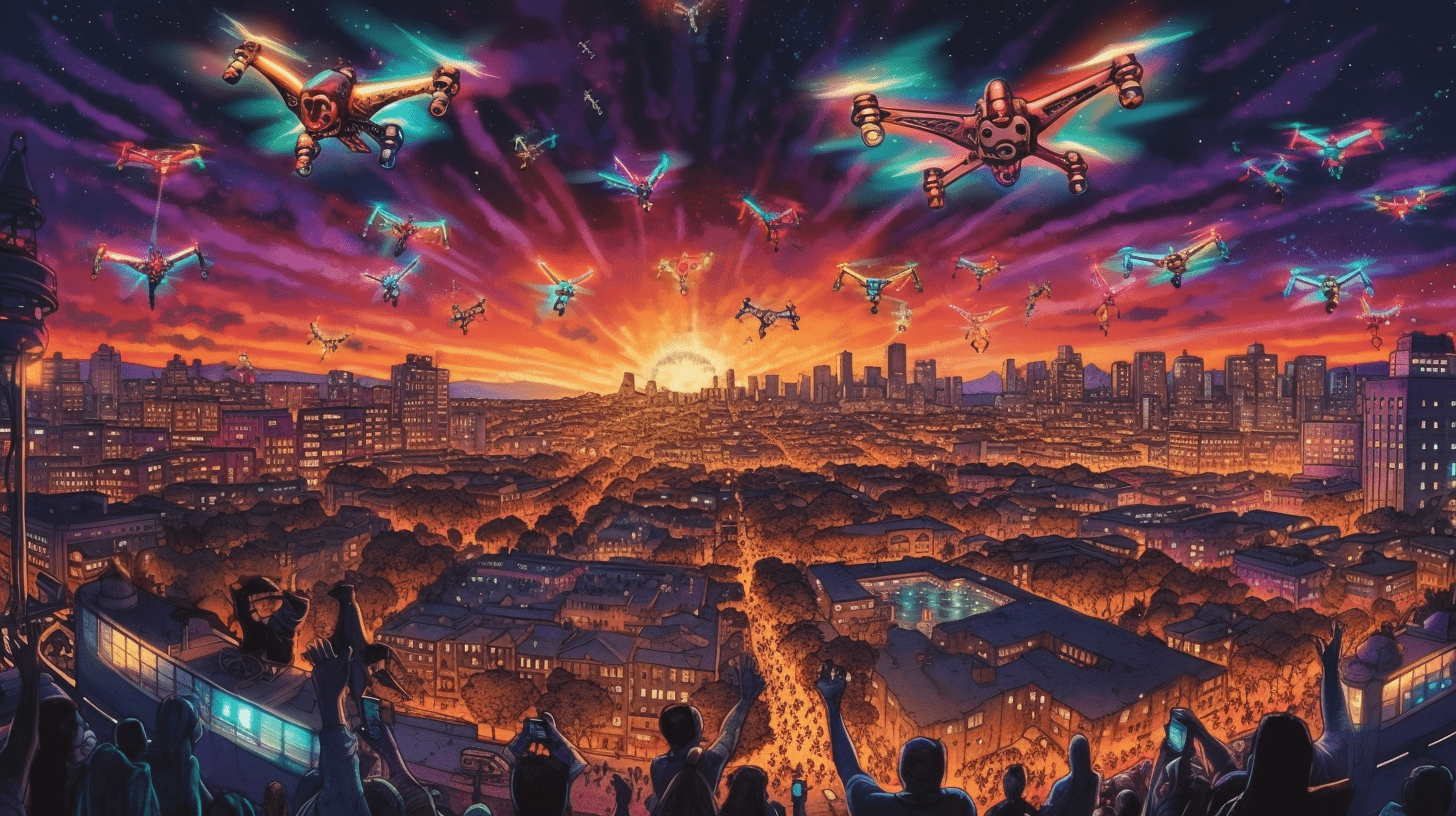 A drone show at night with people watching.