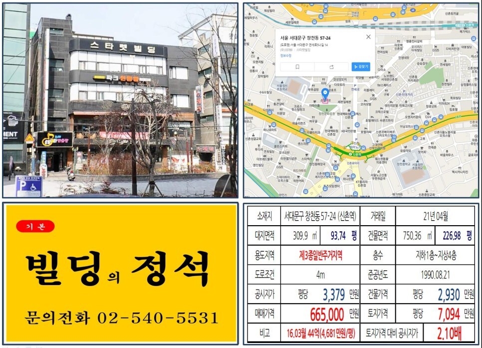  [서대문구 신촌먹자상권 60억 꼬마빌딩 실거래가 조회] 창천동 57-24 (신촌역) 66.5억 원, 평당 7,094만 원 매매되었습니다. 신촌현대백화점, 종로학원