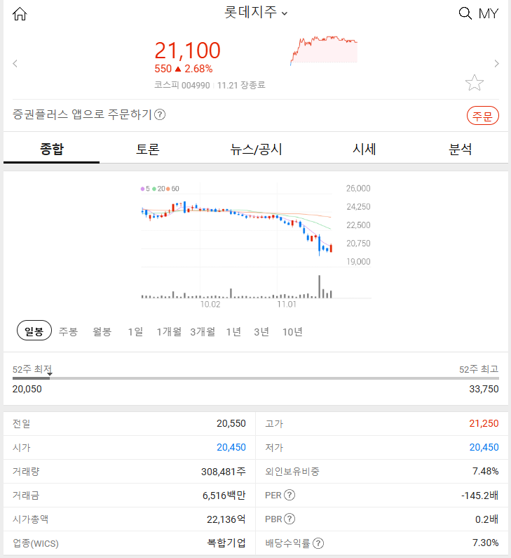 롯데지주 (+2.68%) 2024년 11월 21일 주식 특징주 상승 요인 분석