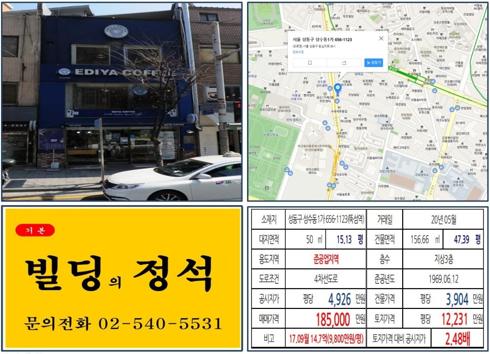  [성동구 서울숲 10억 꼬마빌딩 실거래가 조회] 성수동1가 656-1123 (뚝섬역) 18.5억 원, 평당 1억 2,231만 원 매매되었습니다.
