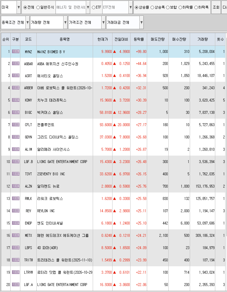  11월5일 미국주식 상승률 상위 종목 TOP 300