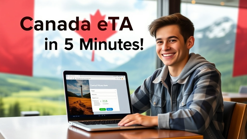 A young traveler with a bright and positive expression smiles while looking at the official Canadian eTA application page on a laptop.
The Canadian flag and a beautiful Rocky Mountains landscape are subtly composited in the background.
The text &quot;Canada eTA Application in 5 Minutes!&quot; is placed at the top.