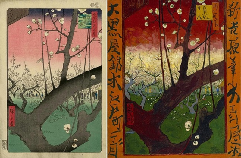 왼쪽은 우타가와 히로시게의 &lt;가메이도의 매화정원&gt; 입니다. 고흐는 오른쪽 그림처럼 모사하고 연구했습니다.