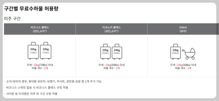 미주 구간의 무료 수하물 규정