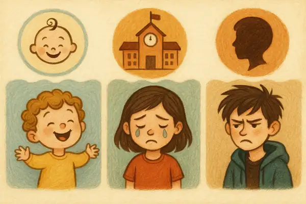 유아기, 학령기, 청소년기 아이콘과 각 연령대별 대표적인 감정 표현 모습