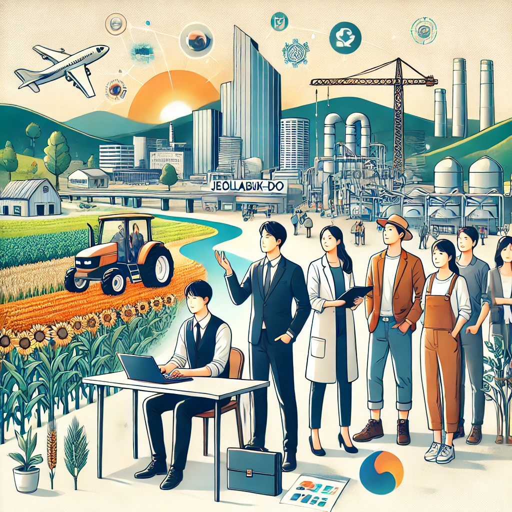 전라북도에서 다양한 산업에 종사하는 청년 전문가들의 현대적 일러스트. 배경에는 도시와 농촌이 어우러진 풍경이 펼쳐져 있으며, 청년들이 농업, 기술, 예술 분야에서 활발히 활동하는 모습을 담고 있다. 전북청년 지역정착 지원사업을 상징하는 희망과 기회의 분위기를 표현한 이미지.