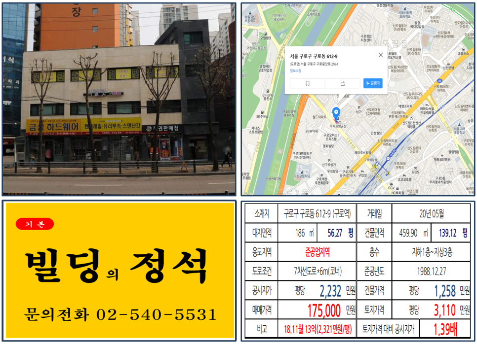  [구로구 대로변 10억 꼬마빌딩 실거래가 조회] 구로동 612-9 (구로역) 17.5억 원, 평당 3,110만 원, 준공업지역 서울 10억 꼬마