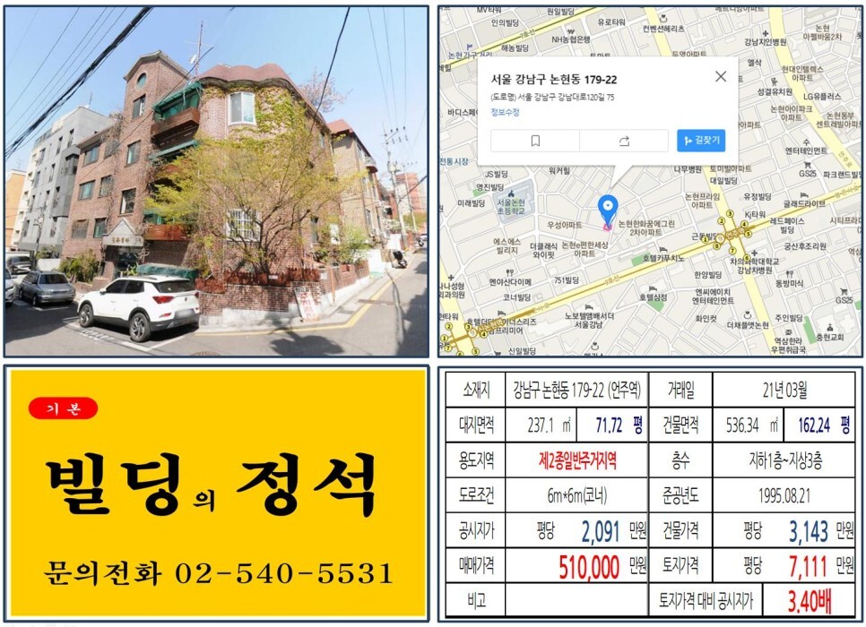  [강남구 강남차병원 50억 꼬마빌딩 실거래가 조회] 논현동 179-22 (언주역) 51억 원, 평당 7,111만 원 매매되었습니다. 논현초등학교, 논현동 먹자상권, 르메르디앙서울