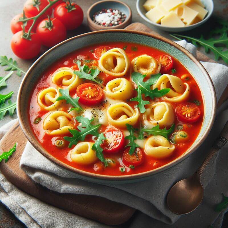 루콜라와 치즈를 곁들인 토마토 기반 토르텔리니 수프이다. 국물이 빨갛다.