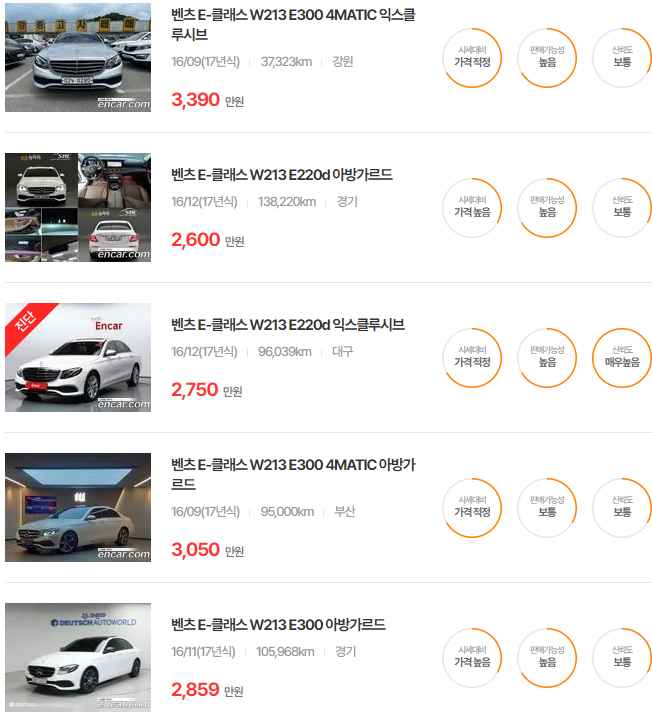 E 클래스 W213 2016년식 중고차 가격