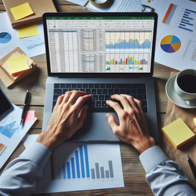 다양한 그래프와 차트 위에 손을 올려 분석 작업을 하는 모습.