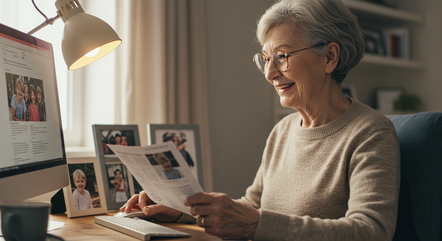 (Image Prompt: A warm, inviting picture of a smiling senior person sitting comfortably in front of a computer, perhaps looking at photos of grandchildren or reading news online. Soft, natural lighting. Style: Gentle, realistic photograph.)