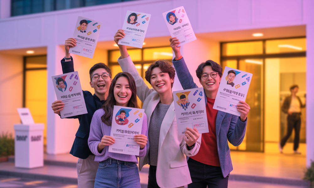다양한 MZ세대가 각자의 개성을 담은 투표 인증 용지를 들고 활기차게 서 있는 모습, 캐릭터, 스포츠 로고, AI 디자인 등 창의적인 요소가 돋보이며 투표 참여를 독려하는 분위기를 나타냄.