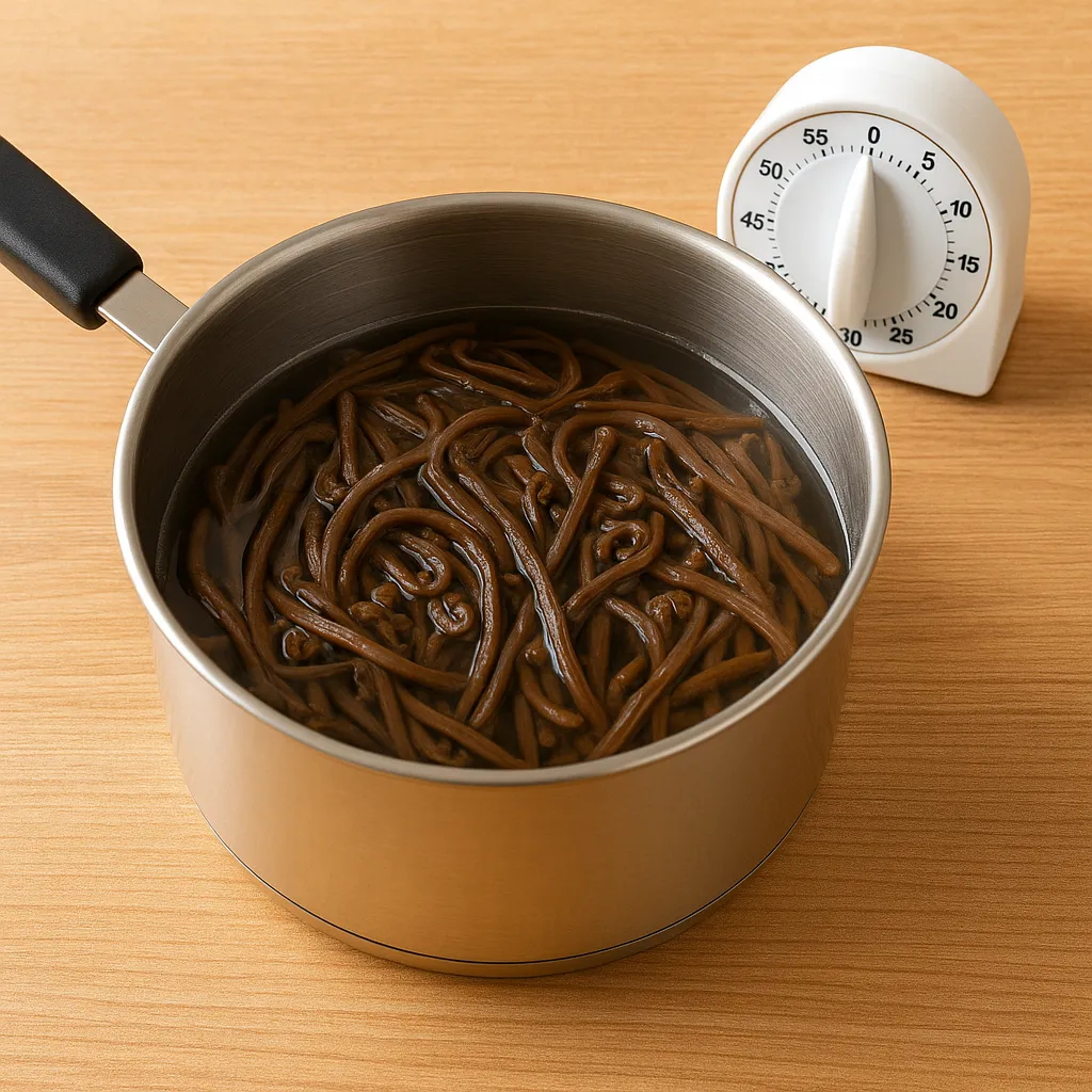 냄비에서 삶아지는 고사리와 타이머가 함께 있는 조리 장면