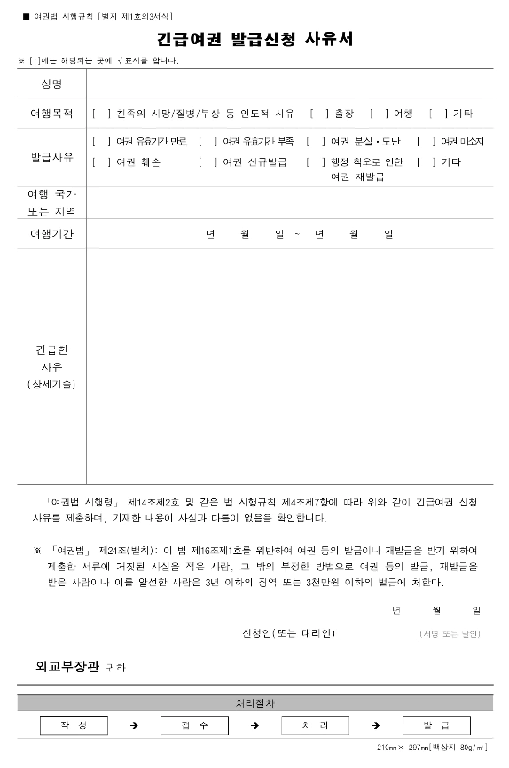 긴급여권 발급신청 사유서